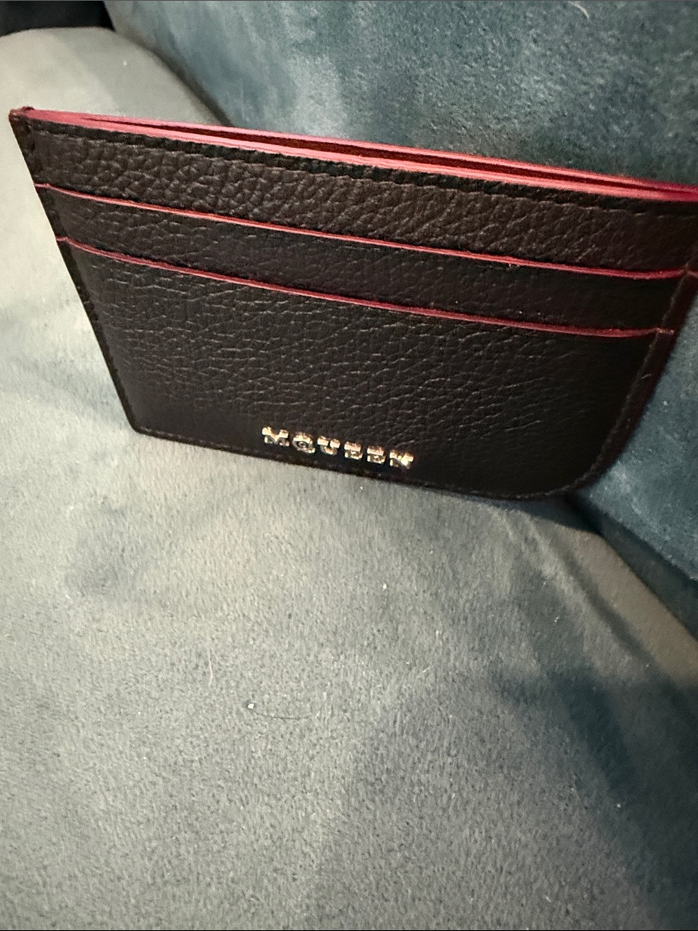 Alexander McQueen Black Pebbled Leather Card Sleeve Gold Logo Burgundy lined